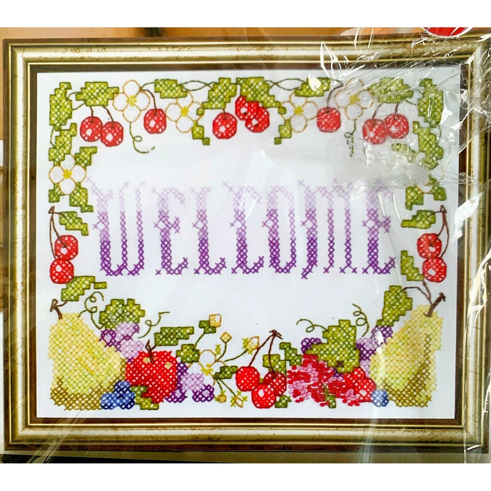 Bucilla "WELCOME" Cross Stitch Kit - Cherries & Fruit Border Sealed NOS Vtg 9x7"